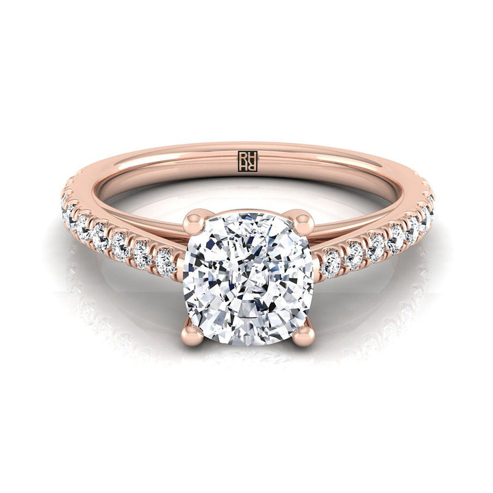 Cathedral French Pavé Solitaire Cushion, in 14K Rose Gold, pave setting | RockHer