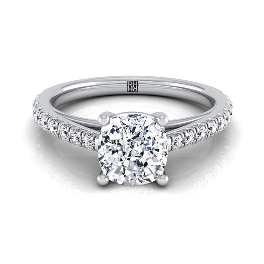 14K White Gold Cushion Diamond French Pave Cathedral Style Solitaire Engagement Ring -1/4ctw
