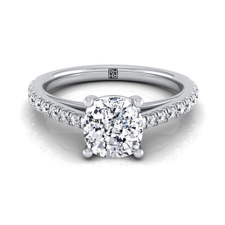 Cathedral French Pavé Solitaire Cushion, in Platinum, pave setting | RockHer