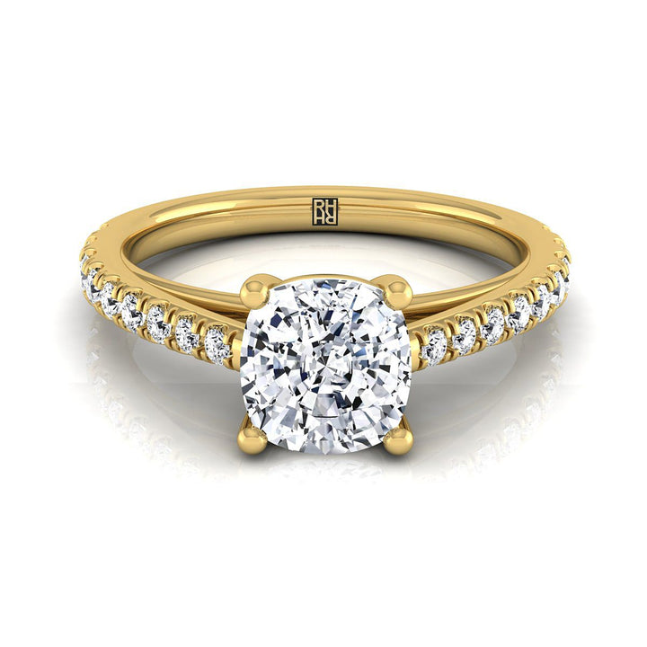 Donna Select Cathedral French Pavé Solitaire Cushion Cut Lab Diamond Engagement Ring in 14K Yellow Gold | RockHer