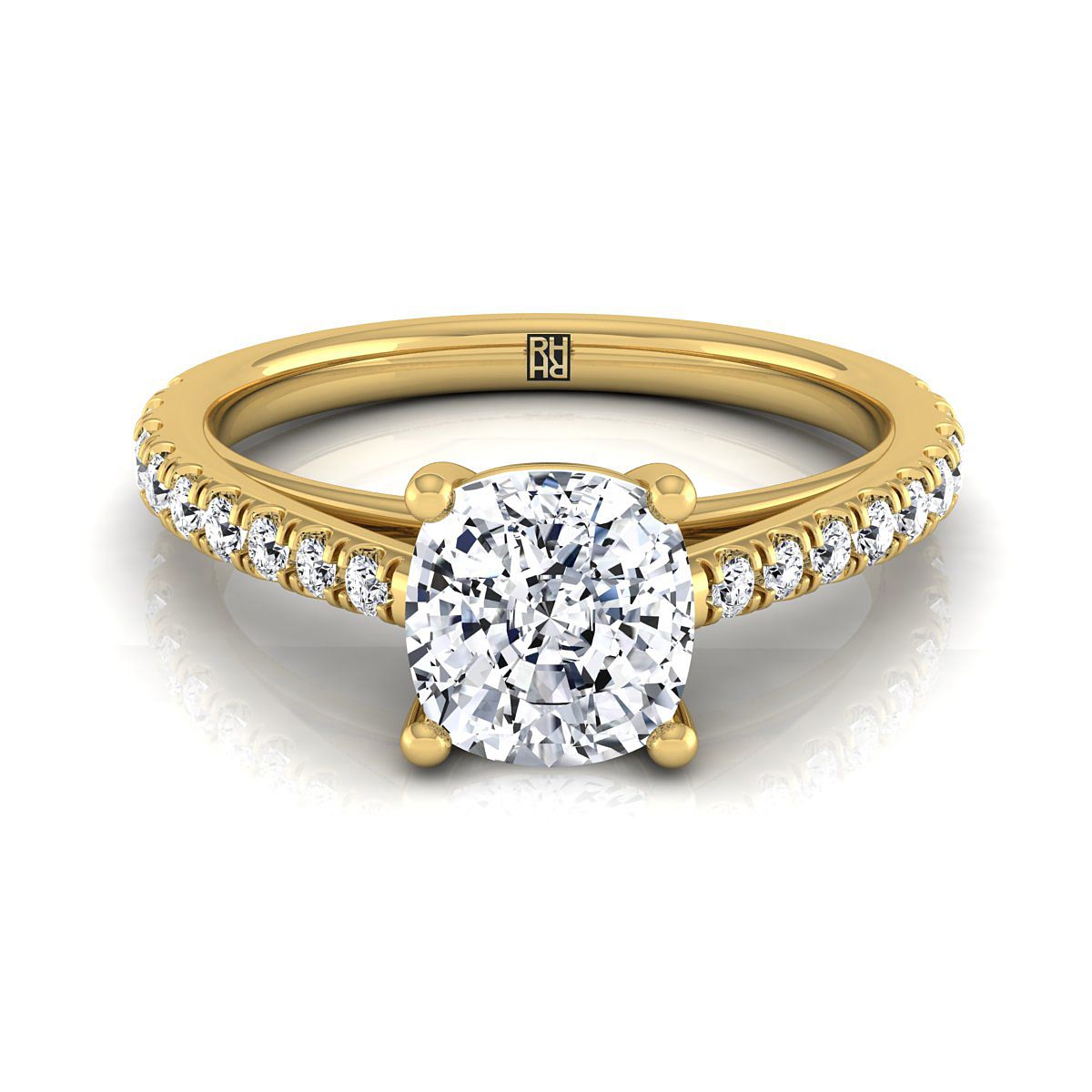 Donna Select Cathedral French Pavé Solitaire Cushion Cut Lab Diamond Engagement Ring in 18K Yellow Gold | RockHer