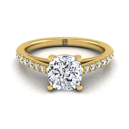 Donna Select Cathedral French Pavé Solitaire Cushion Cut Lab Diamond Engagement Ring in 18K Yellow Gold | RockHer