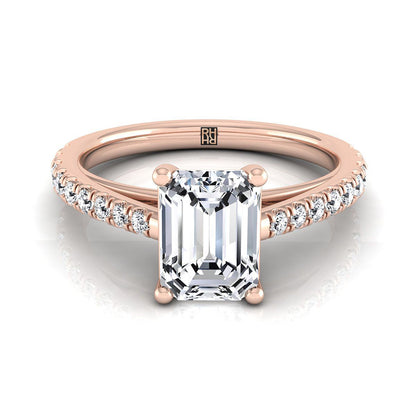 European Cut, Cathedral French Pavé Solitaire Emerald, in 14K Rose Gold, pave setting | RockHer