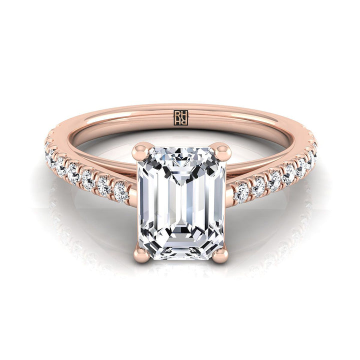 European Cut, Cathedral French Pavé Solitaire Emerald, in 14K Rose Gold, pave setting | RockHer