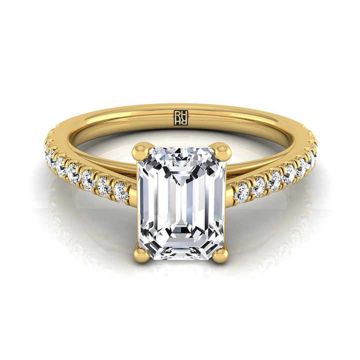European Cut, Cathedral French Pavé Solitaire Emerald, in 18K Yellow Gold, pave setting | RockHer