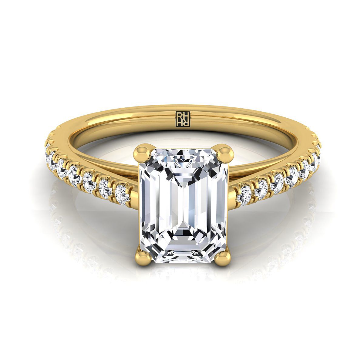 Donna Select Cathedral French Pavé Solitaire Emerald Cut Lab Diamond Engagement Ring in 18K Yellow Gold | RockHer