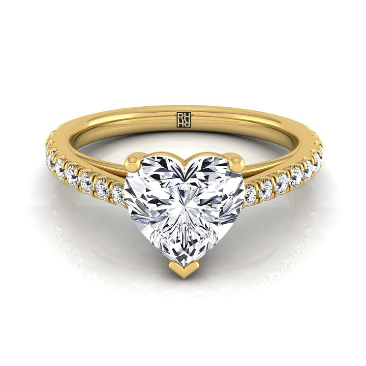 Cathedral French Pavé Solitaire Heart Shape, in 18K Yellow Gold, pave setting | RockHer