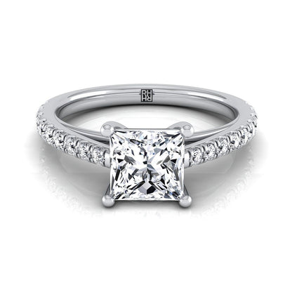 Cathedral French Pavé Solitaire Princess, in 18K White Gold, pave setting | RockHer