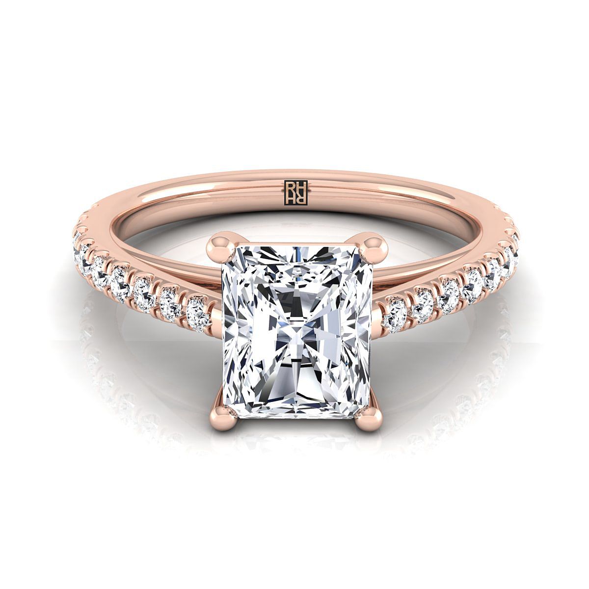 Donna Select Cathedral French Pavé Solitaire Radiant Cut Lab Diamond Engagement Ring in 14K Rose Gold | RockHer