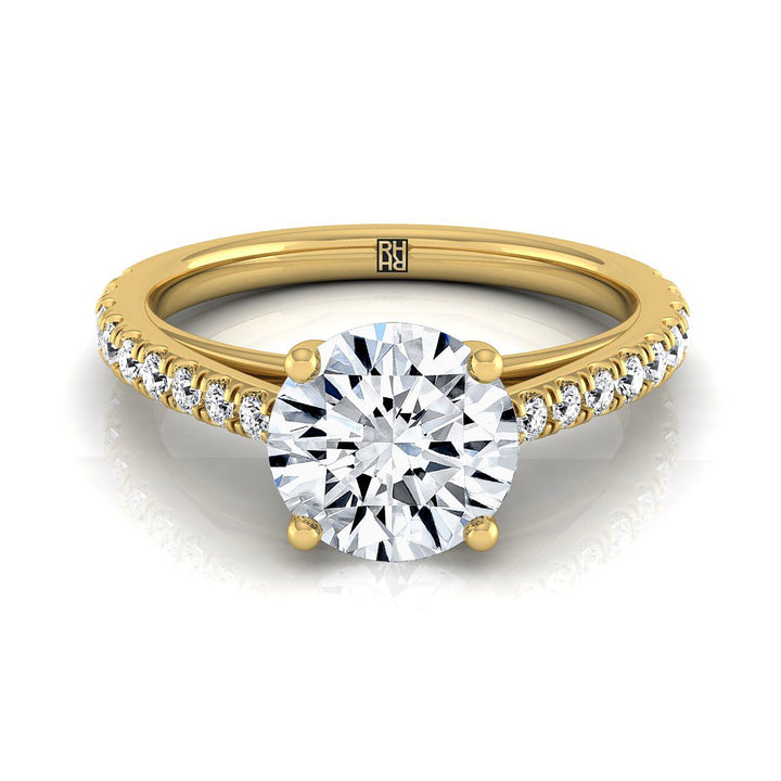 Round Brilliant, Cathedral French Pavé Solitaire, in 18K Yellow Gold, pave setting | RockHer