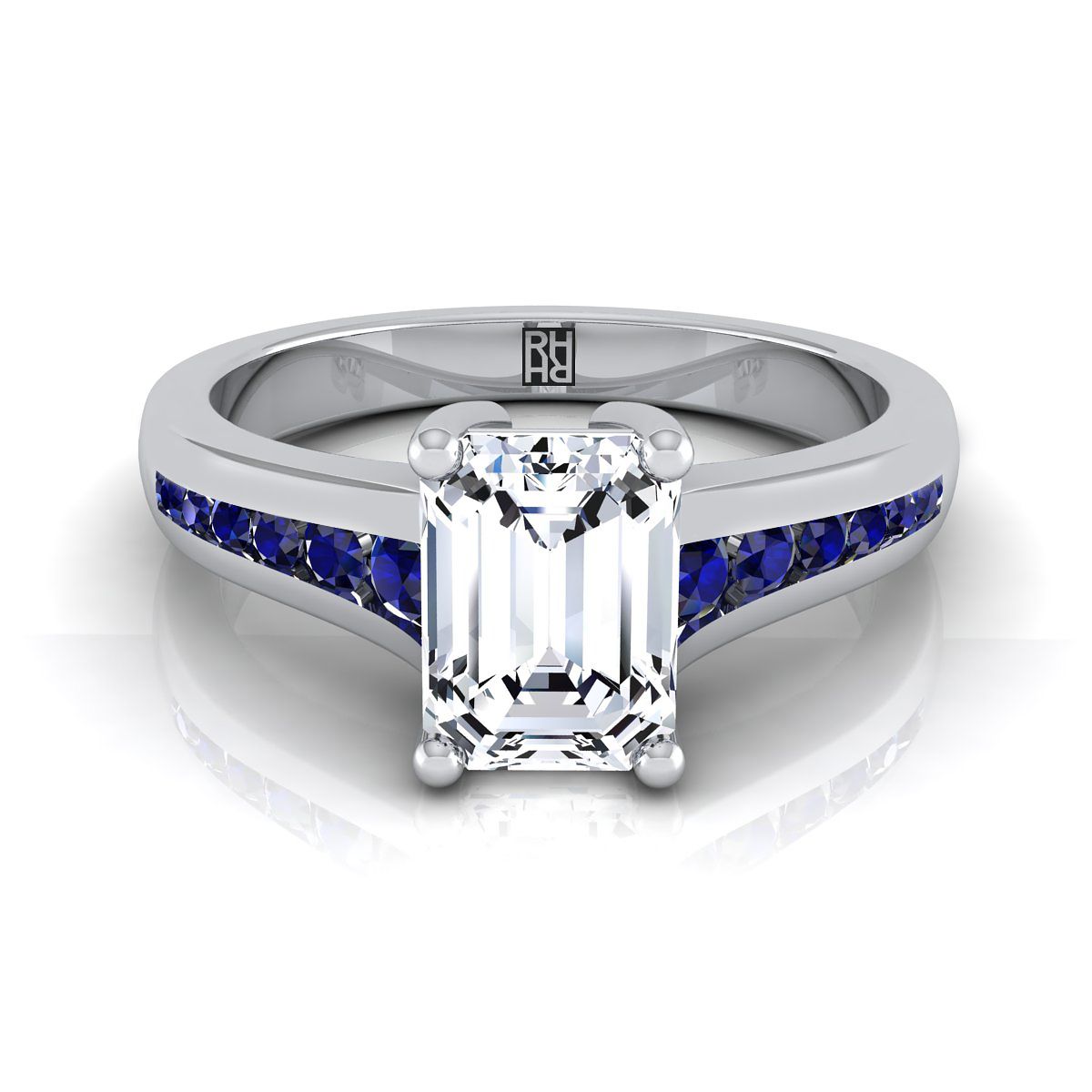 18K White Gold Emerald Cut Contemporary Tapered Blue Sapphire Channel Engagement Ring