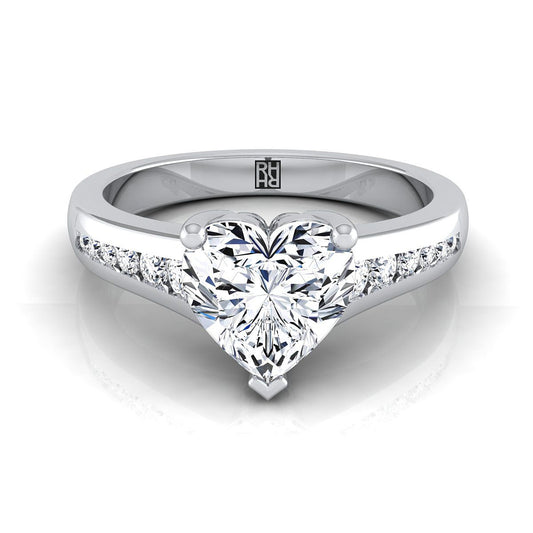 Platinum Heart Shape Center Contemporary Tapered Diamond Channel Engagement Ring -1/6ctw