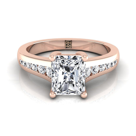 14K Rose Gold Radiant Cut Center Contemporary Tapered Diamond Channel Engagement Ring -1/6ctw