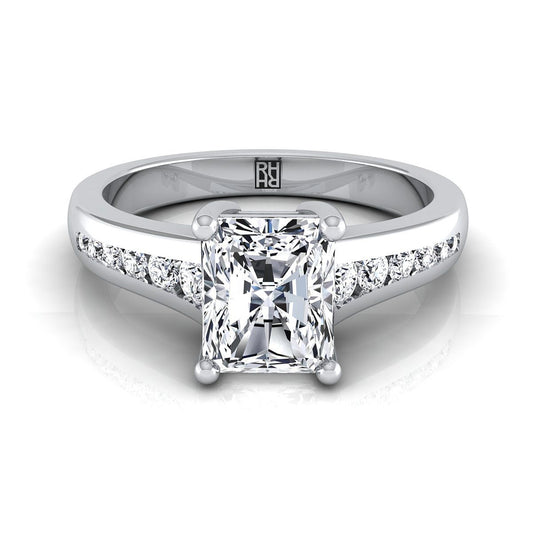 14K White Gold Radiant Cut Center Contemporary Tapered Diamond Channel Engagement Ring -1/6ctw