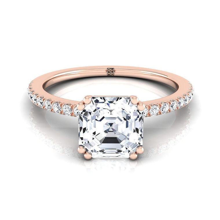 The Kelly Double Claw Prong French Pavé Asscher Cut Engagement Ring Setting in 14K Rose Gold