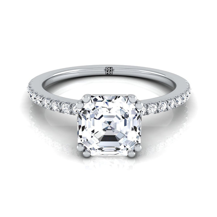 Double Claw Prong French Pavé Asscher, in 18K White Gold | RockHer