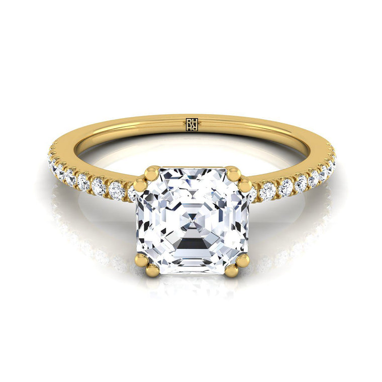 The Kelly Double Claw Prong French Pavé Asscher Cut Engagement Ring Setting in 18K Yellow Gold