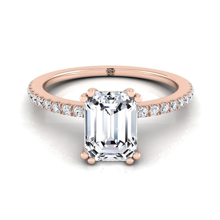 The Kelly Double Claw Prong French Pavé Emerald Cut Engagement Ring Setting in 14K Rose Gold