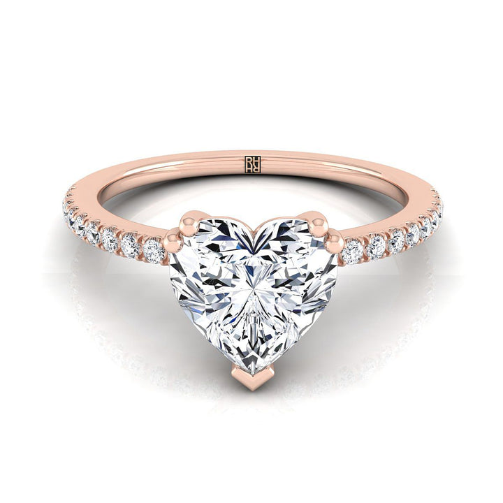 Double Claw Prong French Pavé Heart Shape, in 14K Rose Gold | RockHer