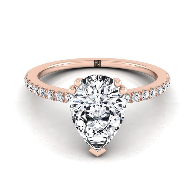 The Kelly Double Claw Prong French Pavé Pear Engagement Ring Setting in 14K Rose Gold