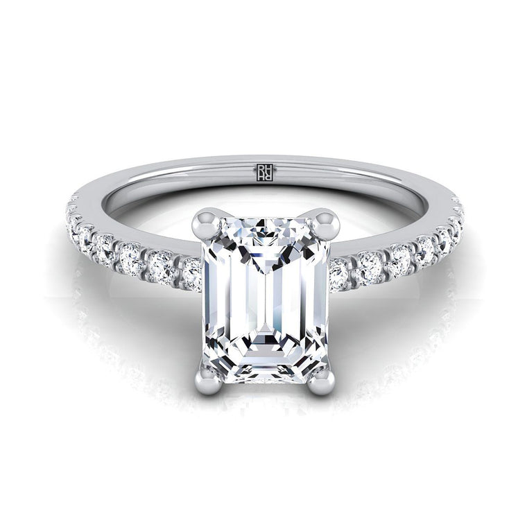 The Norah Classic Linear French Pavé Emerald Cut Engagement Ring Setting in 18K White Gold