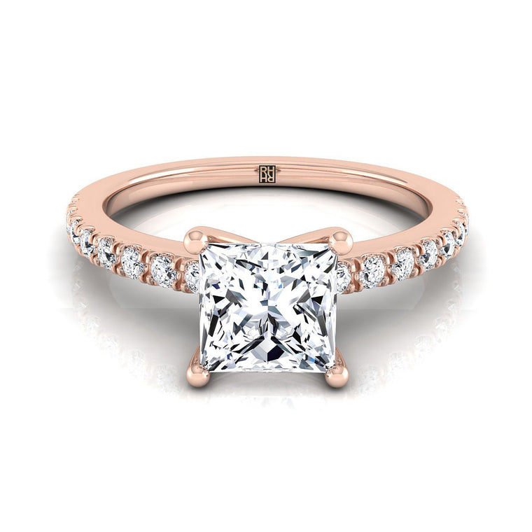 The Norah Classic Linear French Pavé Princess Cut Engagement Ring Setting in 14K Rose Gold