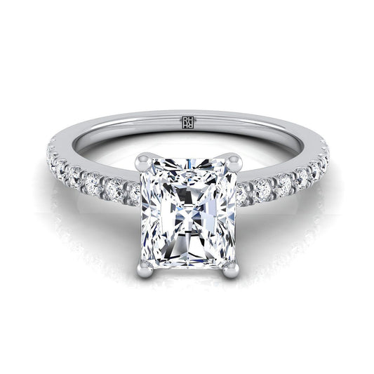 Platinum Radiant Cut Center Simple Linear Diamond Pave Engagement Ring -1/5ctw