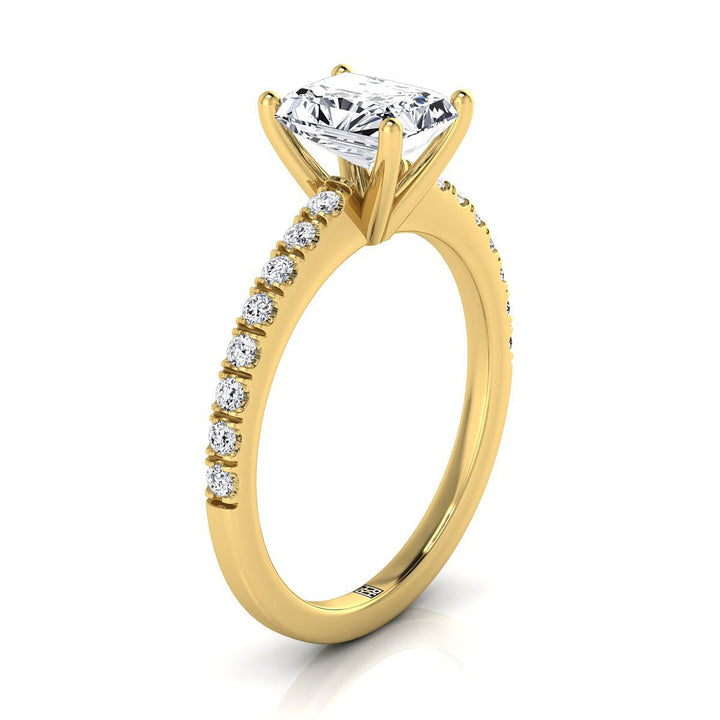 14K Yellow Gold Radiant Cut Center Simple Linear Diamond Pave Engagement Ring -1/5ctw
