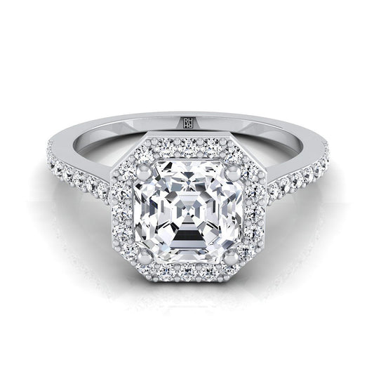 Platinum Asscher Cut Classic French Pave Diamond Halo and Linear Engagement Ring -1/3ctw