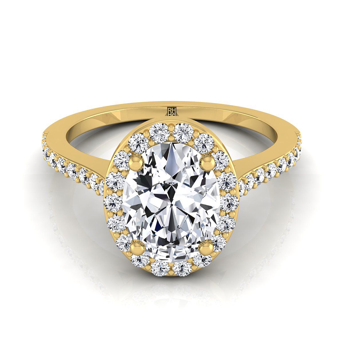 14K Yellow Gold Oval Classic French Pave Diamond Halo and Linear Engagement Ring -1/3ctw