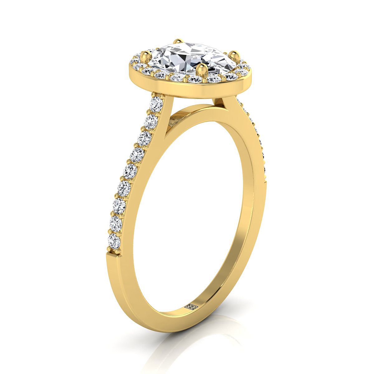 14K Yellow Gold Oval Classic French Pave Diamond Halo and Linear Engagement Ring -1/3ctw
