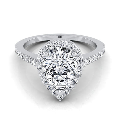 Classic French Pavé Halo Pear Shape, in 18K White Gold, pave setting | RockHer