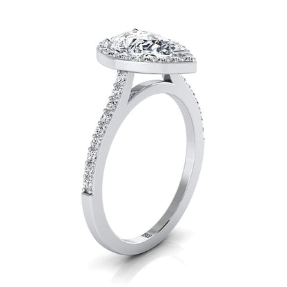 Classic French Pavé Halo Pear Shape, in 18K White Gold, pave setting – side profile | RockHer