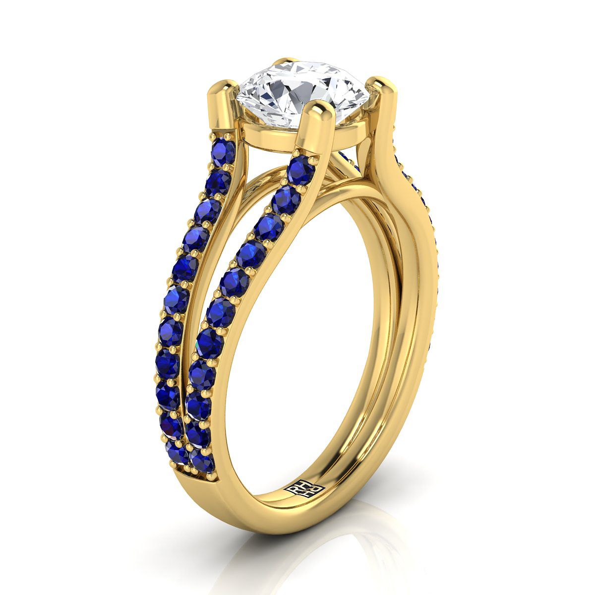 18K Yellow Gold Round Brilliant Prong Set Sapphire Split Shank Engagement Ring