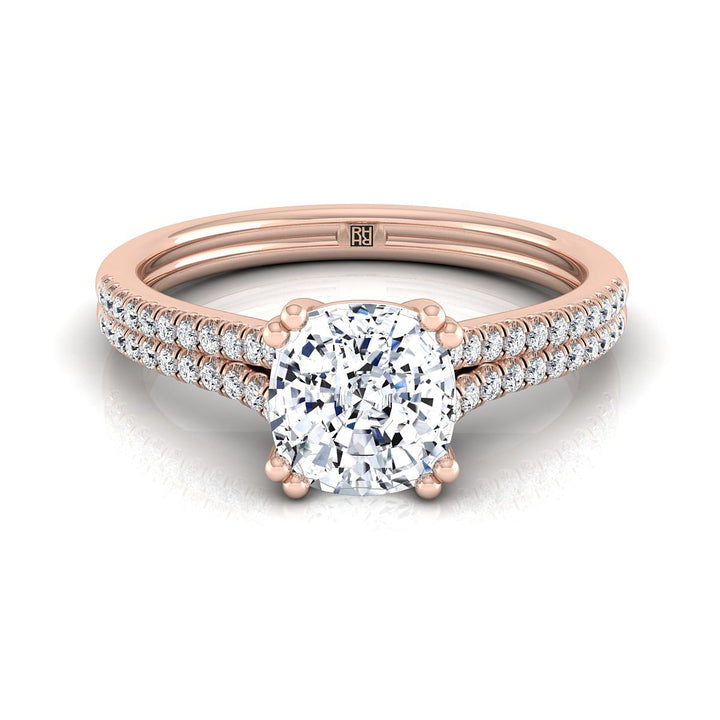Double Row Double Prong French Pavé Cushion, in 14K Rose Gold, pave setting | RockHer