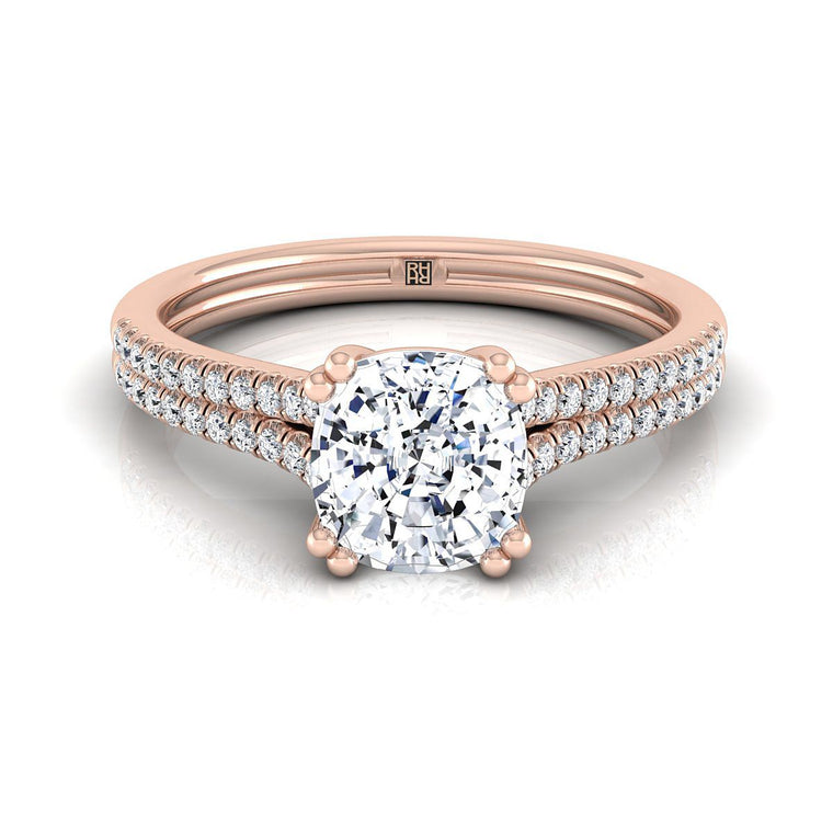 The Joss Double Row Prong French Pavé Cushion Cut Engagement Ring Setting in 14K Rose Gold