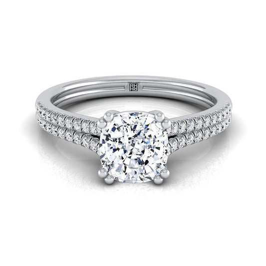14K White Gold Cushion Diamond Double Row Double Prong French Pave Engagement Ring -1/6ctw