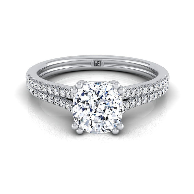The Joss Double Row Prong French Pavé Cushion Cut Engagement Ring Setting in 18K White Gold