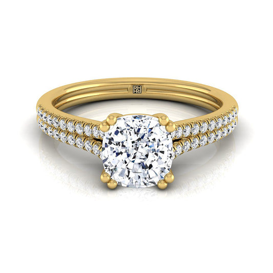 14K Yellow Gold Cushion Diamond Double Row Double Prong French Pave Engagement Ring -1/6ctw