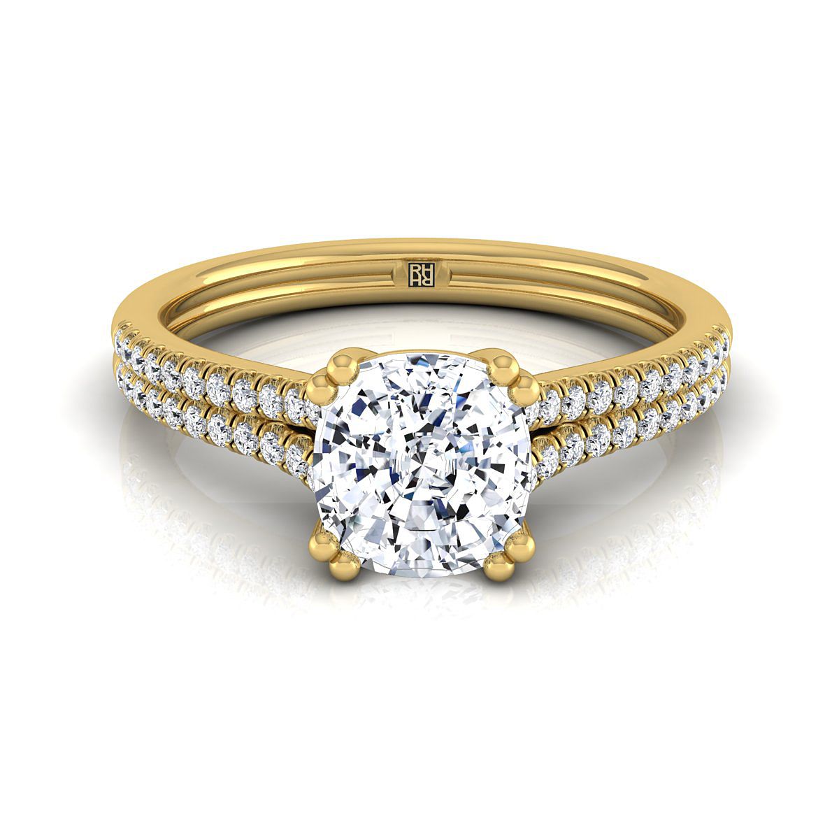 18K Yellow Gold Cushion Diamond Double Row Double Prong French Pave Engagement Ring -1/6ctw