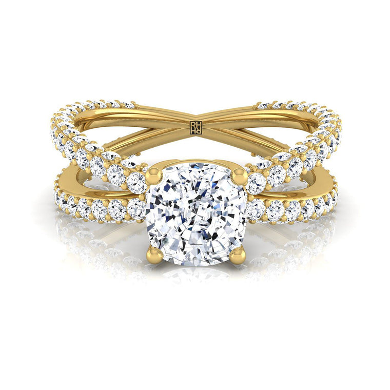 The Sadie Select Twisted Pavé Cushion Cut Lab Diamond Engagement Ring in 18K Yellow Gold
