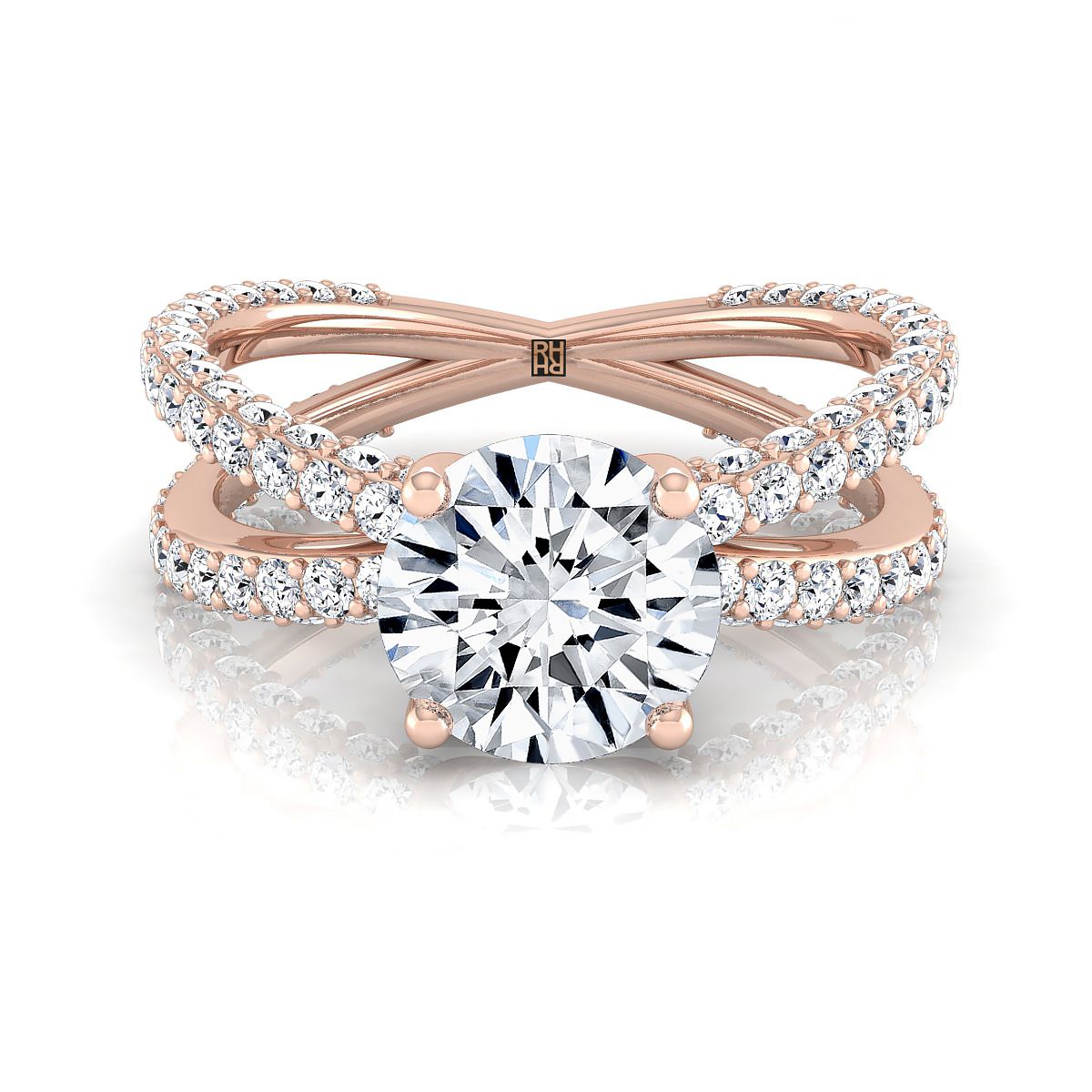 14K Rose Gold Round Brilliant Open Diamond Pave Criss Cross
