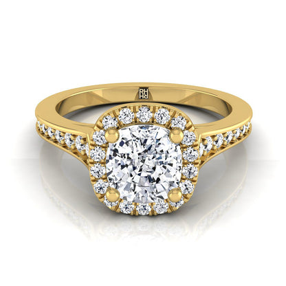 Genesis Select channel pavé halo cushion cushion ring in 14K Yellow Gold — view — RockHer