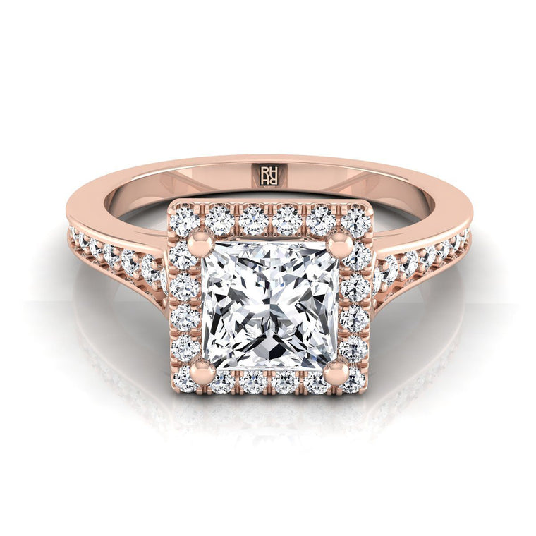 The Genesis Channel Pavé Halo Princess Cut Engagement Ring Setting in 14K Rose Gold
