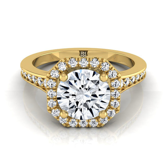 18K Yellow Gold Round Brilliant Diamond Classic Halo with Channel French Pave Engagement RIng  -1/3ctw