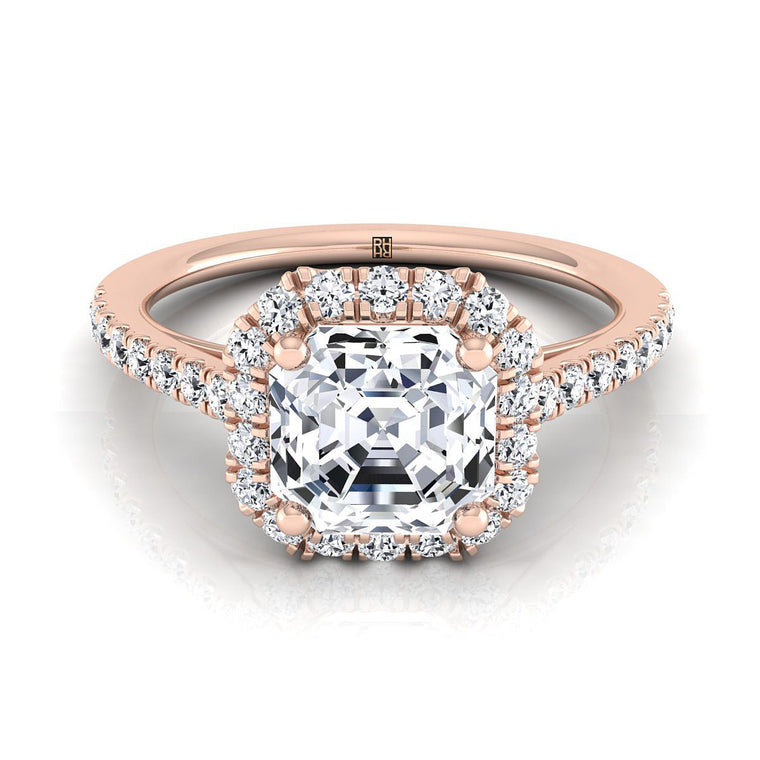 The Dylan Petite French Pavé Halo Asscher Cut Engagement Ring Setting in 14K Rose Gold