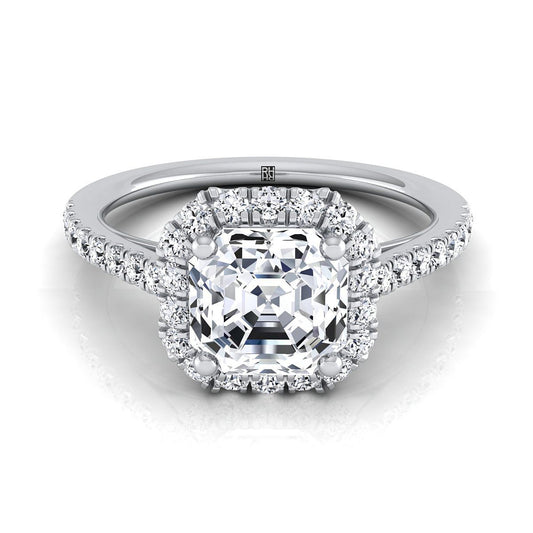 14K White Gold Asscher Cut Diamond Petite Halo French Pave Engagement Ring -3/8ctw