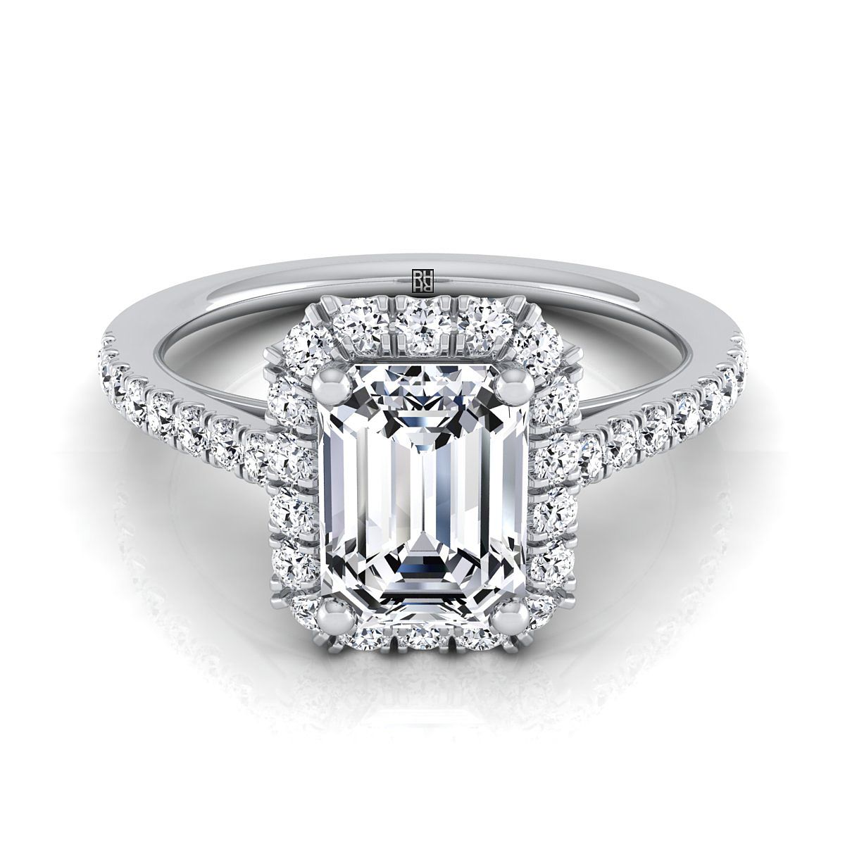 Dylan Select Petite French Pavé Halo Emerald Cut Lab Diamond Engagement Ring in Platinum | RockHer