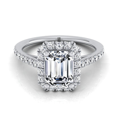 European Cut, Petite French Pavé Halo Emerald, in 18K White Gold, pave setting | RockHer
