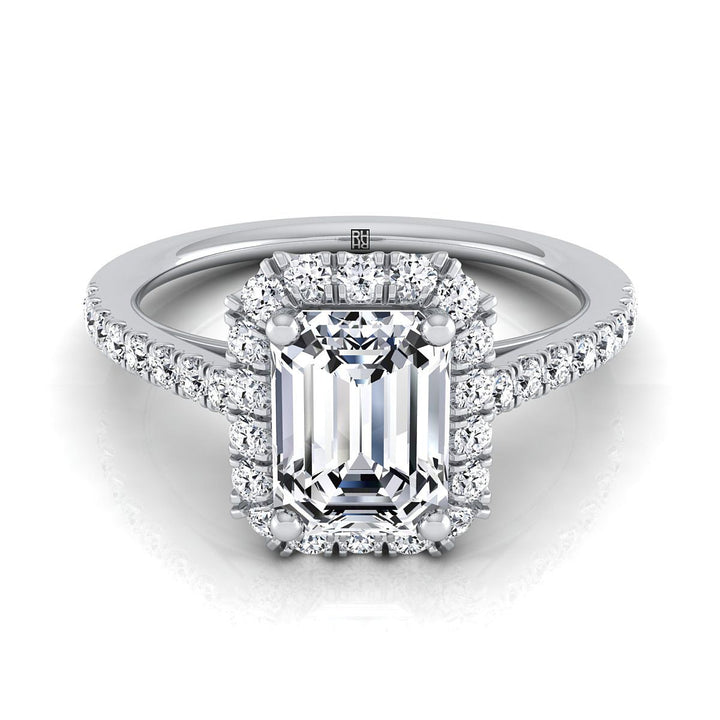European Cut, Petite French Pavé Halo Emerald, in 18K White Gold, pave setting | RockHer
